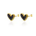 Detailed close-up of heart-shaped gold studs with black enamel finish and secure metal backs - Black Heart Stud Earrings / 12mmx12mm