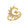 Anello aperto dorato con luna crescente scintillante, stelle e perle bianche eleganti - Aperto Regolabile / Stile Stella Luna Dorata Perla Artificiale (G3048G-3)