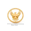 Macro shot of 30mm golden phoenix brooch in a circular frame with polished metal texture - Round Phoenix Style (G114337)
