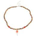 Bohemian prayer beads necklace with brown wood beads, red accents and orange rose pendant - Wood Color
