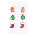 Detail view of wooden Christmas stud earring set with gingerbread man and festive tree - Christmas Tree And Socks (5830)