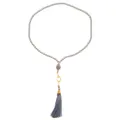 Bohemian grey beaded long necklace with golden crescent moon pendant and tassel - Gray