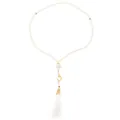White prayer beads with a gold crescent moon pendant and elegant silk tassel - White