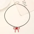 Minimalist black leather cord necklace with a glossy red bow pendant and silver clasp - Stud Earrings / Large Red Bow (2619)