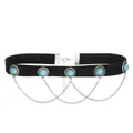 Boho Samt-Choker in Schwarz mit Türkis-Steinen und silberner Fransen-Gliederkette - Künstlicher Türkis Stil (1016)