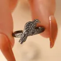 Vintage raven bird open ring in gun black finish with detailed feather textures - Vintage Eagle Style (10592)