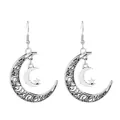 Bohemian style silver crescent moon and star drop earrings with hollow floral patterns - Antique Silver Moon Star Filigree Dangle Earrings (7486)