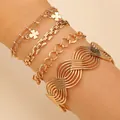 Golden multi-layer geometric chain bracelet set with clover charm for women - Gold Four-Leaf Clover Wave Set (A-576)
