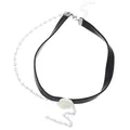 Detailed view of leopard rose choker with black leather cord and hanging faux pearls - Resin Rose Pearl Tassel Style / Black/White