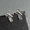 Vintage silver cross stud earrings with gothic texture and cubic zirconia inlay style - Antique Silver Industrial Stud Cross