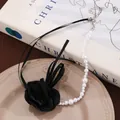 Gothic choker featuring a black fabric rose with a white faux pearl strand design - Black Fabric Rose Pearl Splicing Style / Black/White