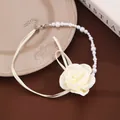 Elegant pearl and ribbon choker necklace featuring a cream fabric rose flower design - White Fabric Rose Pearl Splicing Style / White