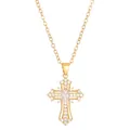 Golden micro-paved zircon cross necklace with a large central oval crystal for women - Gold