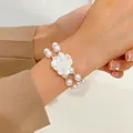 Double-layer pearl bracelet with white 3D rose flower and gold spacer beads - 18cm / Double Layer Rose Artificial Pearl Style / KC Gold White Rose (DZ-150)