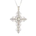 Silver cross pendant necklace with filigree detail and inlaid rectangle gemstone - White