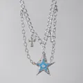 Silver double layer chain necklace with blue enamel star and cross charms - Multilayer Blue Star Cross Style (01 White kZ-072)