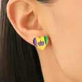 Mardi Gras heart stud earrings with purple crown and colorful enamel stripes - Purple/Green/Yellow Crown Heart