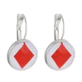 Close-up of lever-back earrings featuring a red diamond pattern under clear glass cabochons - Diamond (G-435)