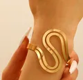 Polished gold S-shaped wave cuff bracelet featuring a minimalist geometric design - Double Line Wave Bangle (7503) / Gold