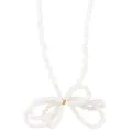 Elegant cream white beaded necklace featuring a central golden bow-knot pendant - White Seed Bead Woven Bow Necklace (WG-0016) / White