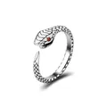 Adjustable silver snake ring with realistic scale texture and red crystal eyes - Antique Silver With Eye Rhinestone (11 x431)