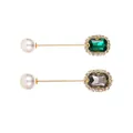 Emerald green and grey gemstone long pin brooches with rhinestones and white pearls - Gold Green and Gray Set