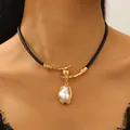 Baroque pearl pendant on black cord necklace with gold tone setting for women - White Artificial Pearl Style (1094)