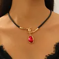 Baroque red pearl choker necklace with gold branch charm on black leather cord - Red Style (2087)