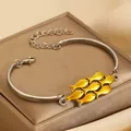 Vintage silver bangle with bright yellow fish charms and adjustable extension chain - Yellow Enamel Small Fish Bracelet (N-1053)