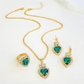 Luxury gold-plated jewelry set featuring heart-cut emerald stones with crystal halo - Heart Emerald Gemstone Jewelry Set (04 KC Gold Green 4116)