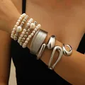 Chic multi-layered bracelet set in silver finish with pearls and textured cuffs - White K Multi-Layer Pearl Metal Set (37) / Silver