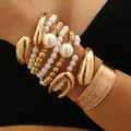 Gold wide cuff bracelet set with multilayered metallic bangles and white pearls - KC Gold Multi-Layer Stacking Set (38) / Gold