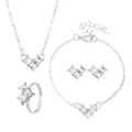 Silver jewelry set with layered pearls and square zircon crystals including ring - Silver Square Zirconia Geometric Set (01 White K 9775)