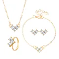 Golden emerald-cut zircon jewelry set with necklace, earrings, bracelet, and open ring - Gold Square Zirconia Geometric Set (02 KC Gold 9776)