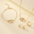 Golden double heart jewelry set including emerald zircon necklace, ring and earrings - Gold Interlocking Hearts Rhinestone Set (01 KC Gold 0725)
