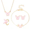 Pink butterfly jewelry set with necklace, bracelet, earrings and adjustable ring in gold - Gold Pink Butterfly Jewelry Set (04 KC Gold 2323)