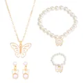Elegant gold butterfly jewelry set with white enamel and pearls, including necklace and ring - White Butterfly Pearl Jewelry Set (02 KC Gold White 6407)