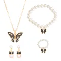 Gold butterfly jewelry set featuring white pearls and black enamel necklace ring and earrings - Black Butterfly Pearl Jewelry Set (03 KC Gold Black 6406)