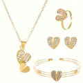 Golden heart jewelry set with necklace earrings ring and bracelet with zircon accents - Asymmetric Heart Rhinestone Four Piece Set (01 KC Gold 3513)