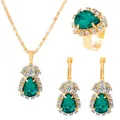 Parure de bijoux dorés avec émeraude poire en zircon, collier, bague et boucles d'oreilles - Style Vert (K-525)