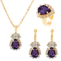 Deep purple teardrop crystal jewelry set with gold necklace ring and earrings - Pear Shape Purple Halo Gemstone Set (04 KC Gold/Deep Purple K-526)