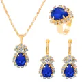 Parure de bijoux dorée élégante avec zircon bleu taille poire, collier, bague et boucles - Style Bleu Foncé (K-527)
