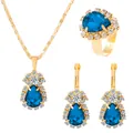 Parure élégante dorée avec saphirs bleus en forme de poire et détails en zircone cubique - Style Bleu Clair (K-528)