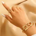 Golden vintage jewelry set featuring a hammered metal texture open cuff bracelet and square ring - Square Geometric Hammered Ring + Bangle Set (DZ069) / Gold