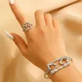 Silver geometric hollow cuff bracelet and ring set with hammered metal texture finish - Irregular Geometric Hammered Jewelry Set (0659) / Silver