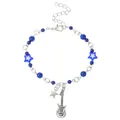 Deep blue beaded bracelet with silver guitar and star charms for a music theme - Antique Silver Guitar Style (5418)