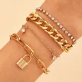 Detail of 4-piece gold alloy bracelet set with punk style lock pendant and rhinestones - Gold (0696)