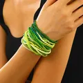 Detail of layered gradient green and yellow seed bead elastic bracelet set on wrist - 01 Green (30-Piece Set)(WG-0774) / 30 Pieces/Pack