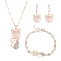Rose gold plated jewelry set featuring opal cat necklace, earrings and bracelet with rhinestones - Cat Three-piece Combination / Rose Gold (N-085)
