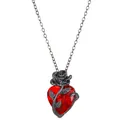 Collar gótico con gema de corazón rojo y rosas negras grabadas con las palabras Love y Life - Negro de Pistola Corazón de Rosa (N-413)